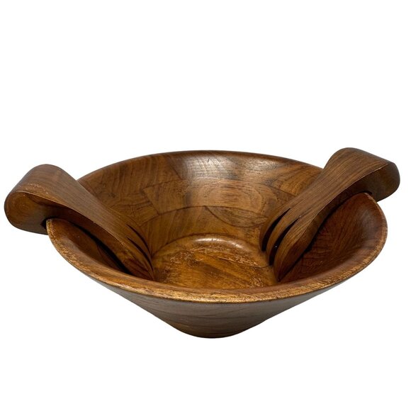 Vintage Burl Walnut 6 4 Salad Bowl With Hanging Utensils MCM Billings Missouri - Picture 2 of 12